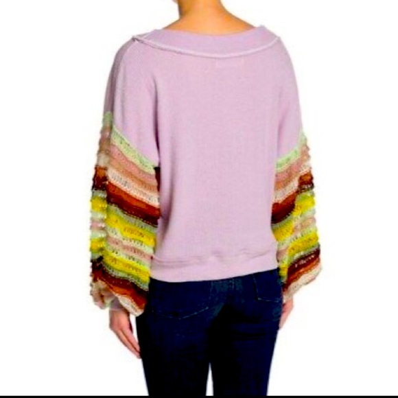 FREE PEOPLE Cha Cha sweater in Lilac Mist with multi colored sleeves NWT - Picture 3 of 7